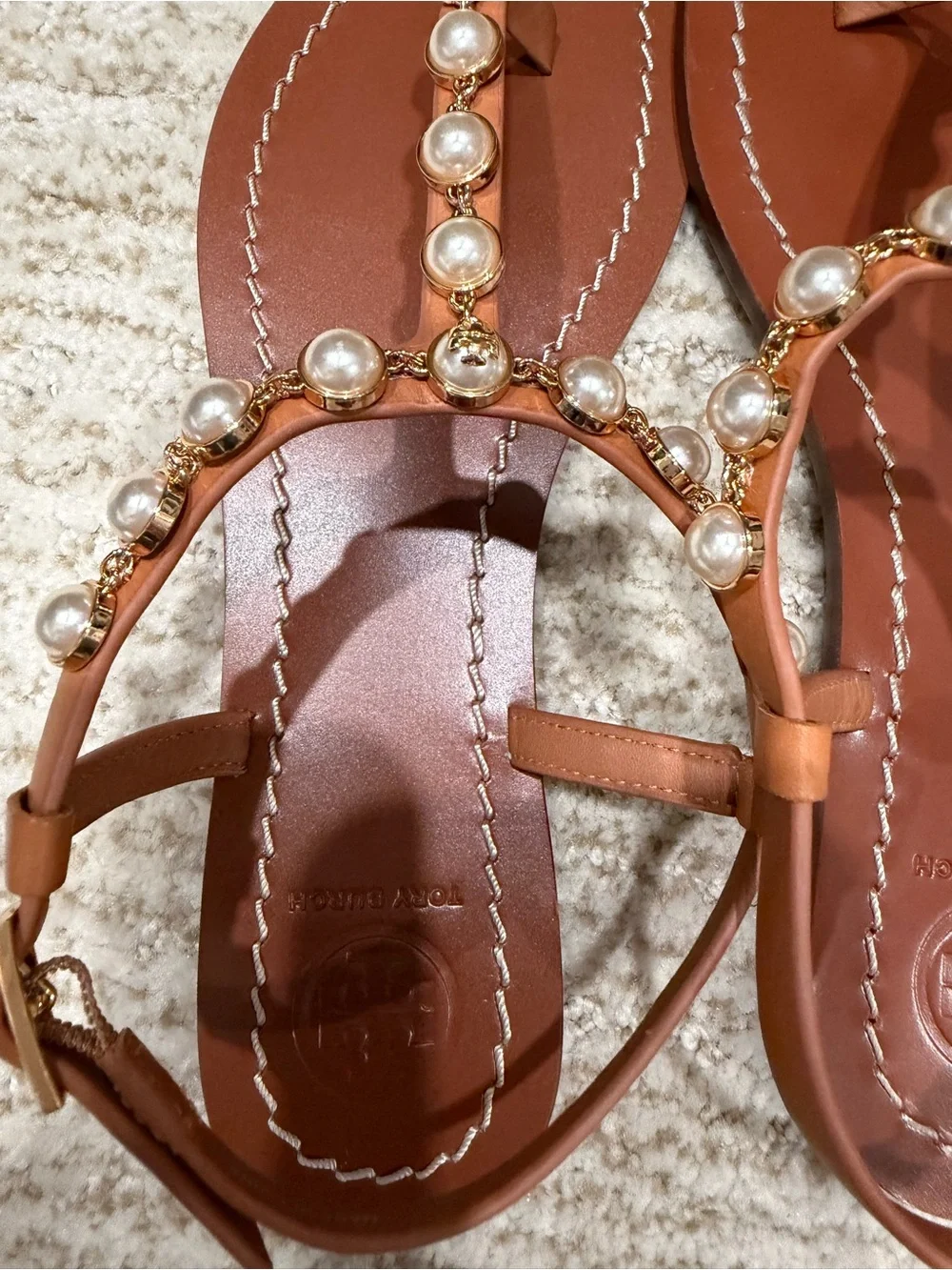Tory Burch Brown Pearl-Embellished T-Strap Sandals
